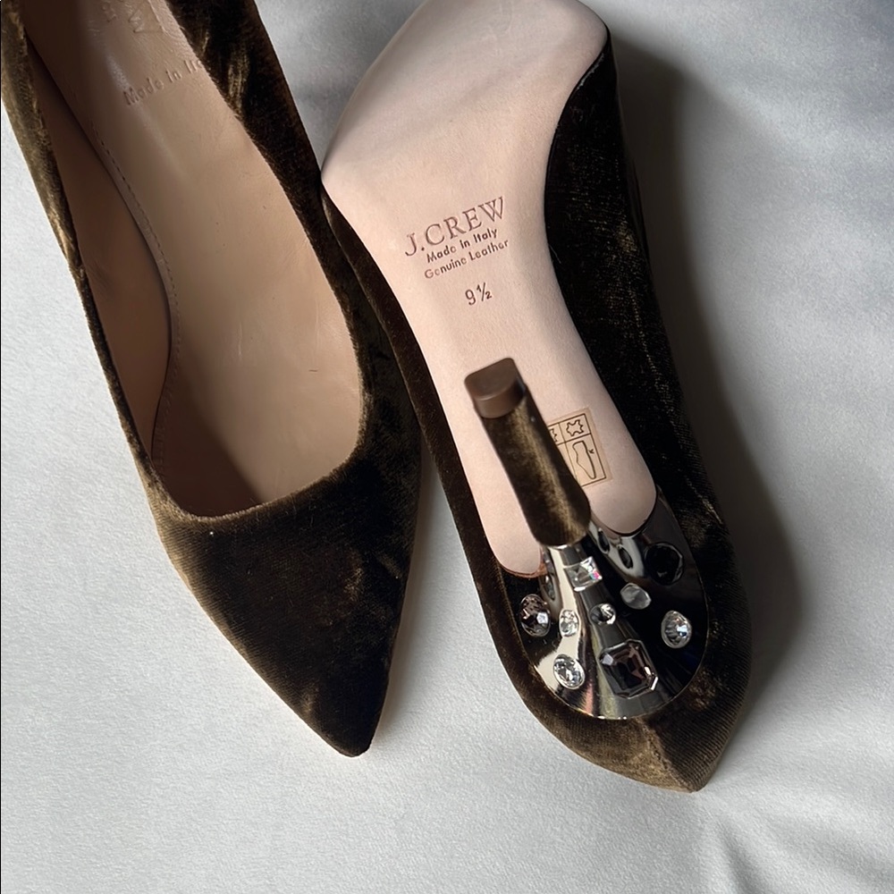 J. Crew Chocolate Velvet Stiletto w/ Jeweled Heels